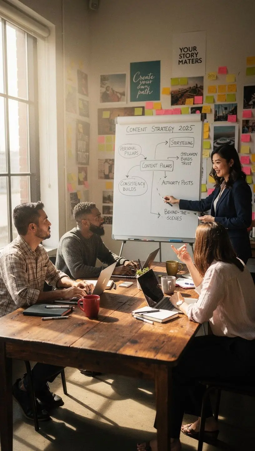 Profesjonalny trener prowadzący sesję coachingu osobistej marki w nowoczesnym studiu.